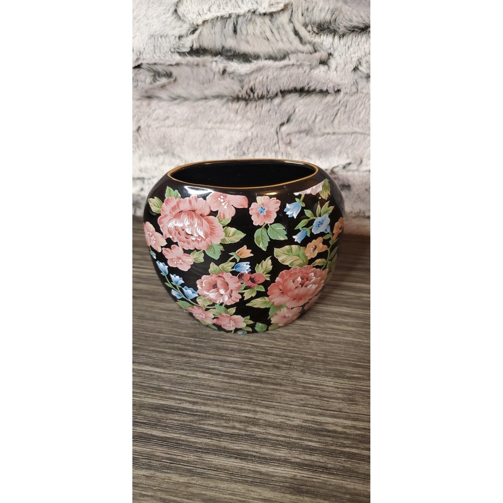 Tavistock Otagiri Japan Vintage Floral Black 4"‎ Oval Porcelain Flower Vase Gold
